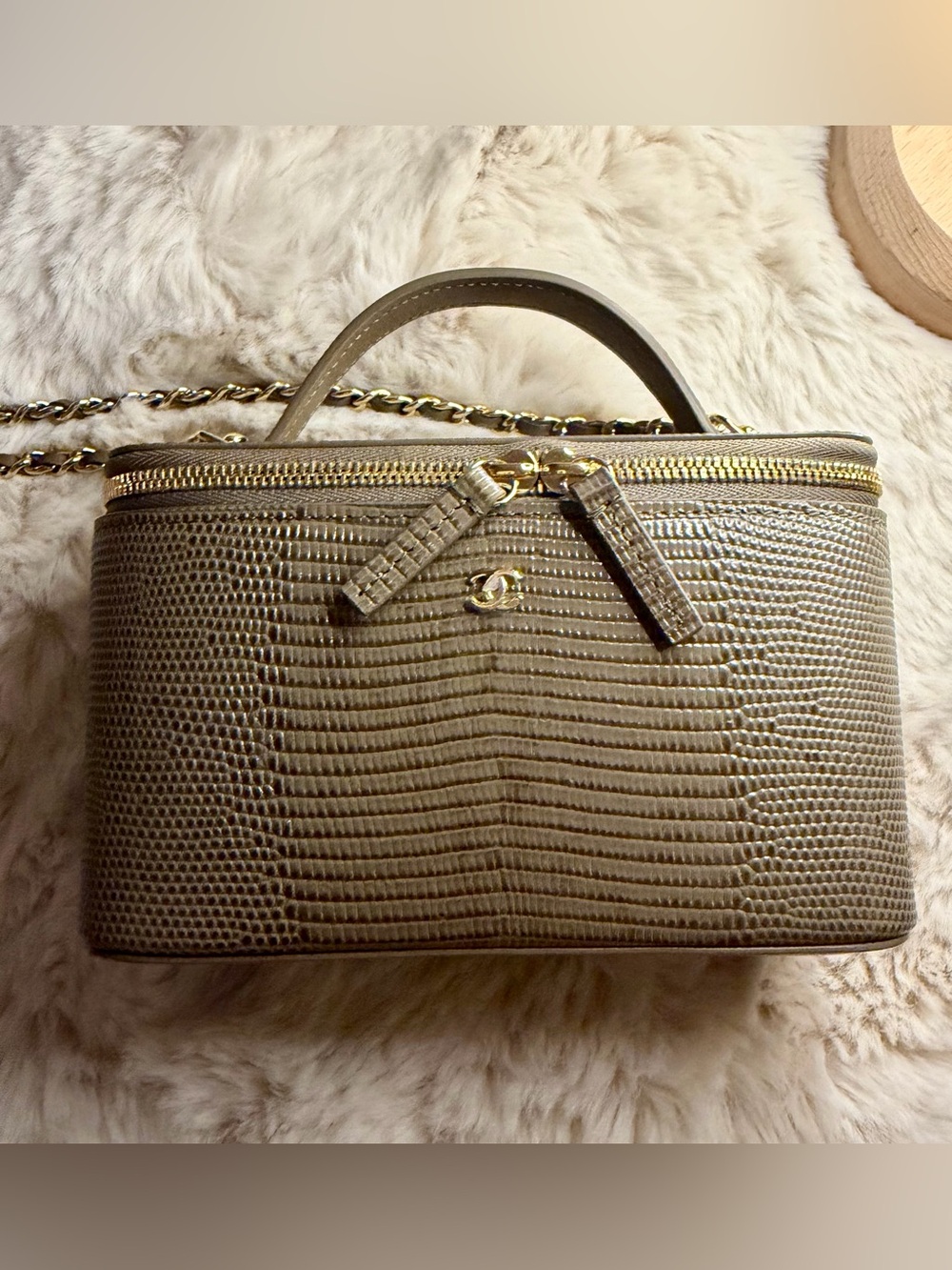 CHANEL Khaki Lizard-Embossed Top Handle Vanity Bag with Gold Hardware